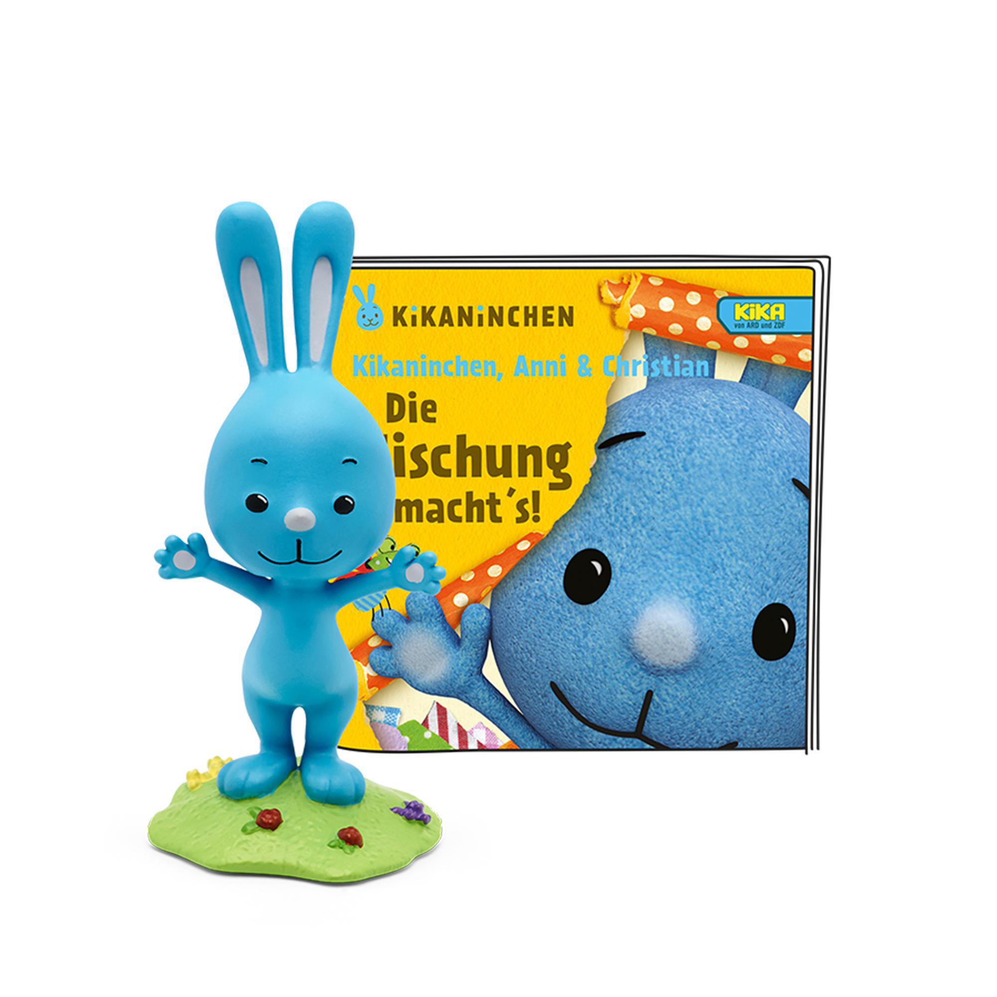 Blaue Hasenfigur neben einem Buchcover mit ähnlicher Illustration. Weißer Hintergrund.