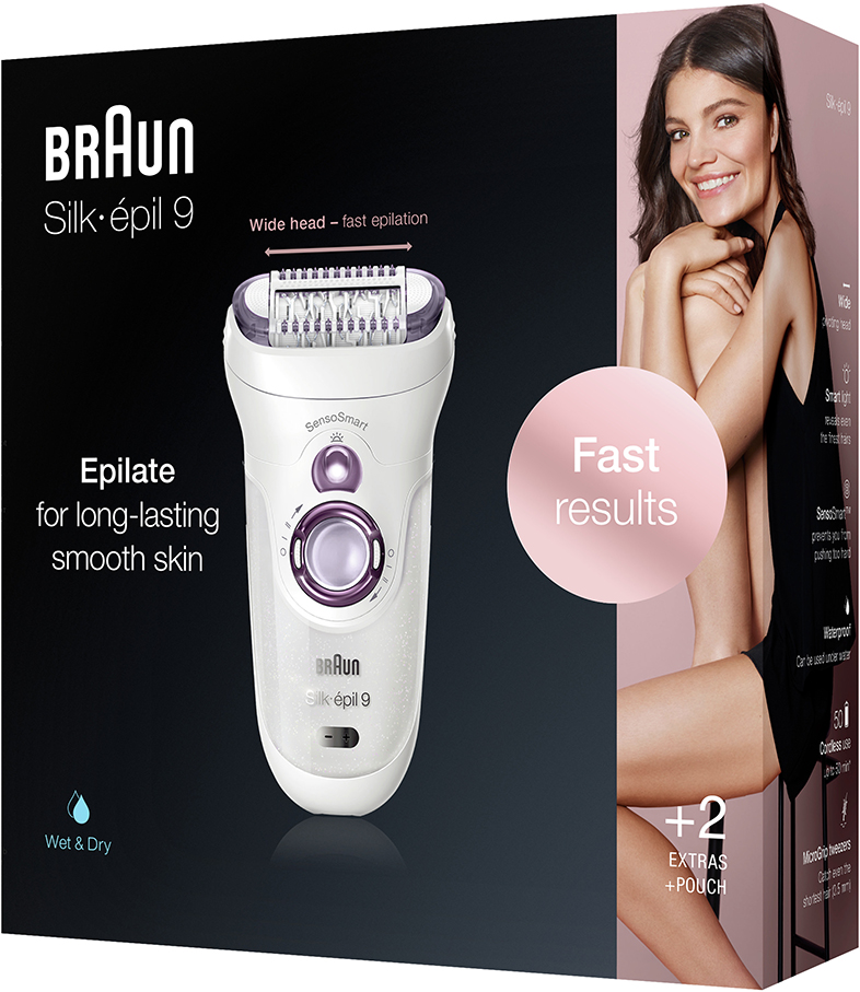 Braun Silk-épil 9 epilátor és doboz. Nő képe az oldalon. Fehér és lila színek.