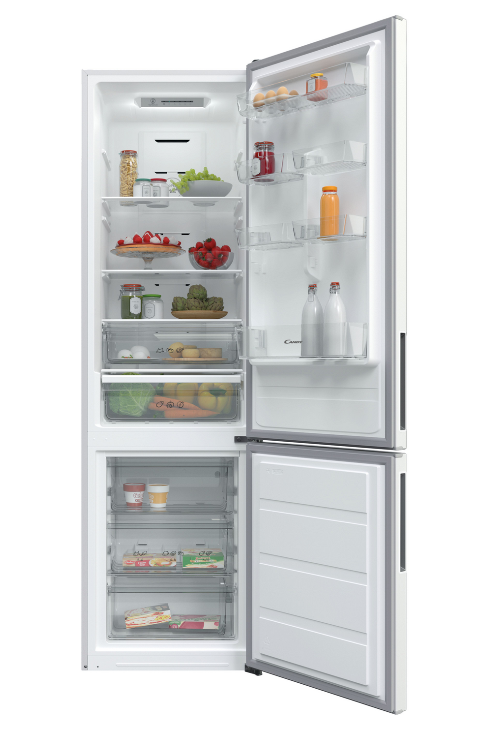 Un refrigerador con la puerta abierta, mostrando alimentos en los estantes.