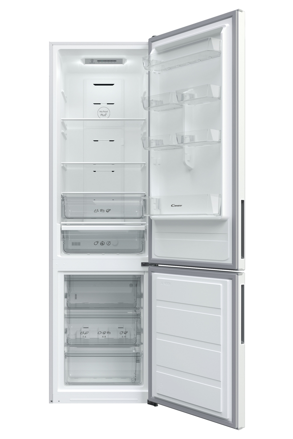 Un refrigerador blanco con la puerta abierta, que revela estantes y cajones. El interior está bien iluminado.