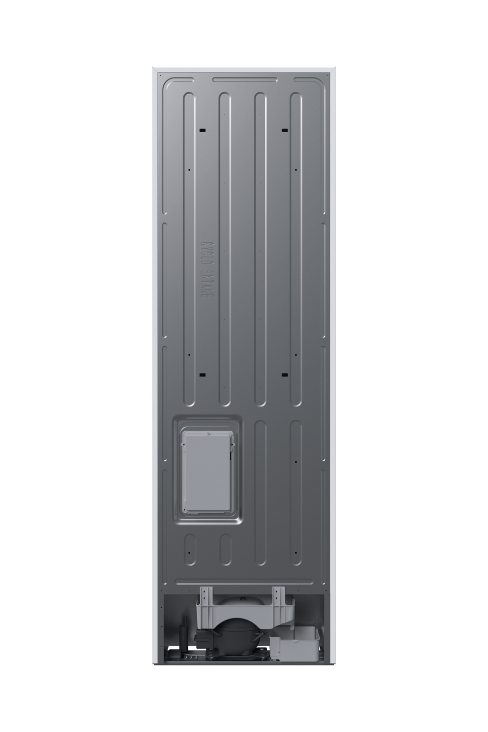 Parte trasera de un refrigerador Samsung blanco con detalles e información técnica.