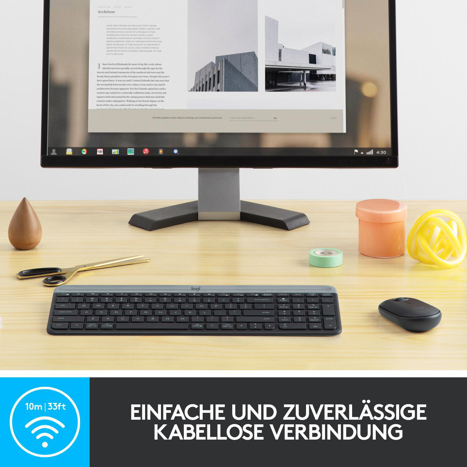 Computereinrichtung: Monitor mit Webseite, Tastatur, Maus, Dekoration und Text über drahtlose Verbindung.