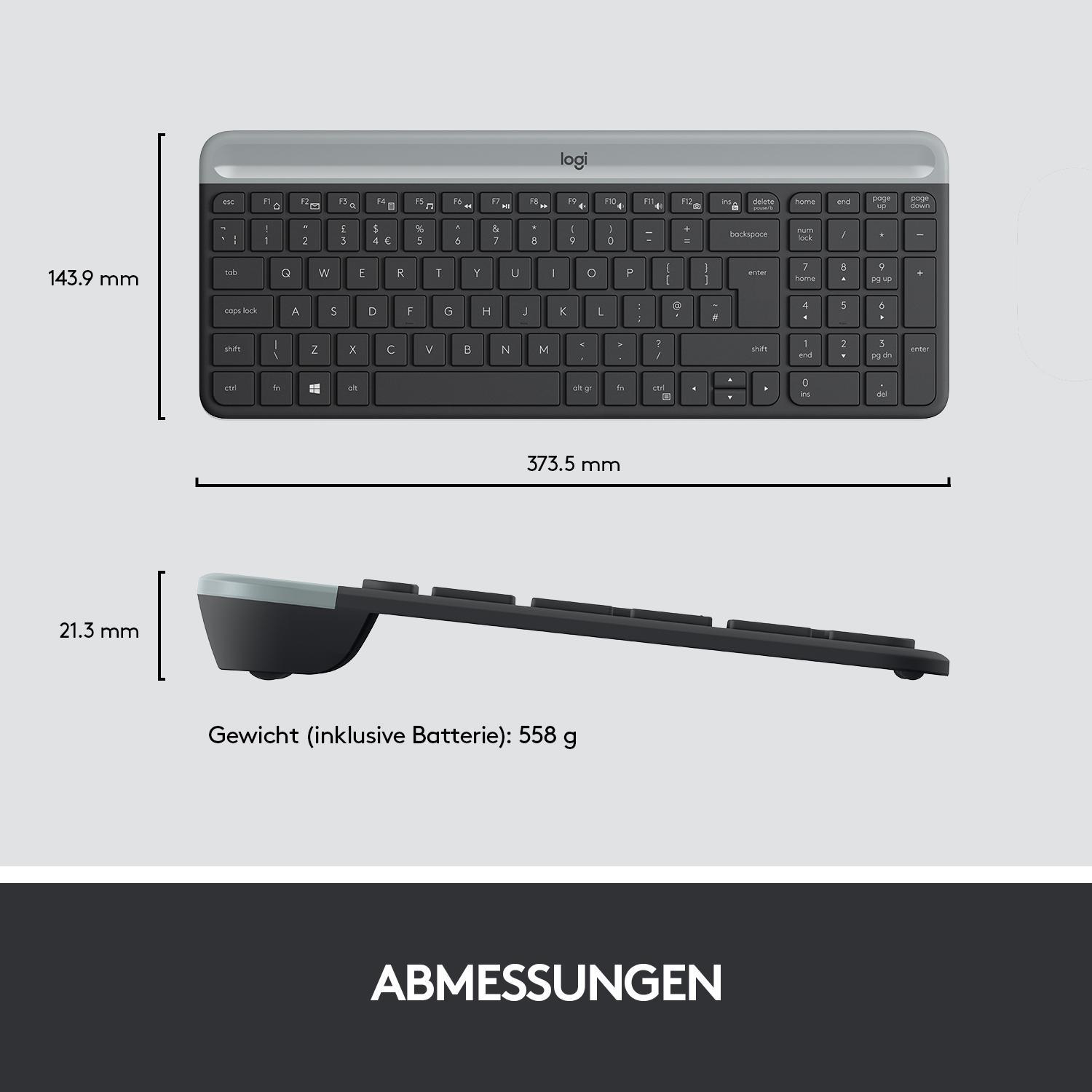 Eine Draufsicht auf eine grau-schwarze Tastatur mit angegebenen Abmessungen. Die Tastatur hat Tasten.
