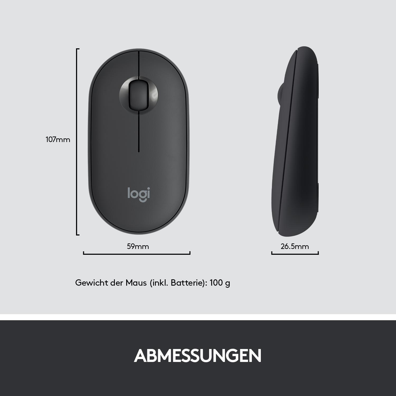 Schwarze Logitech-Maus, Draufsicht und Seitenansicht, mit Abmessungen und Text darunter.