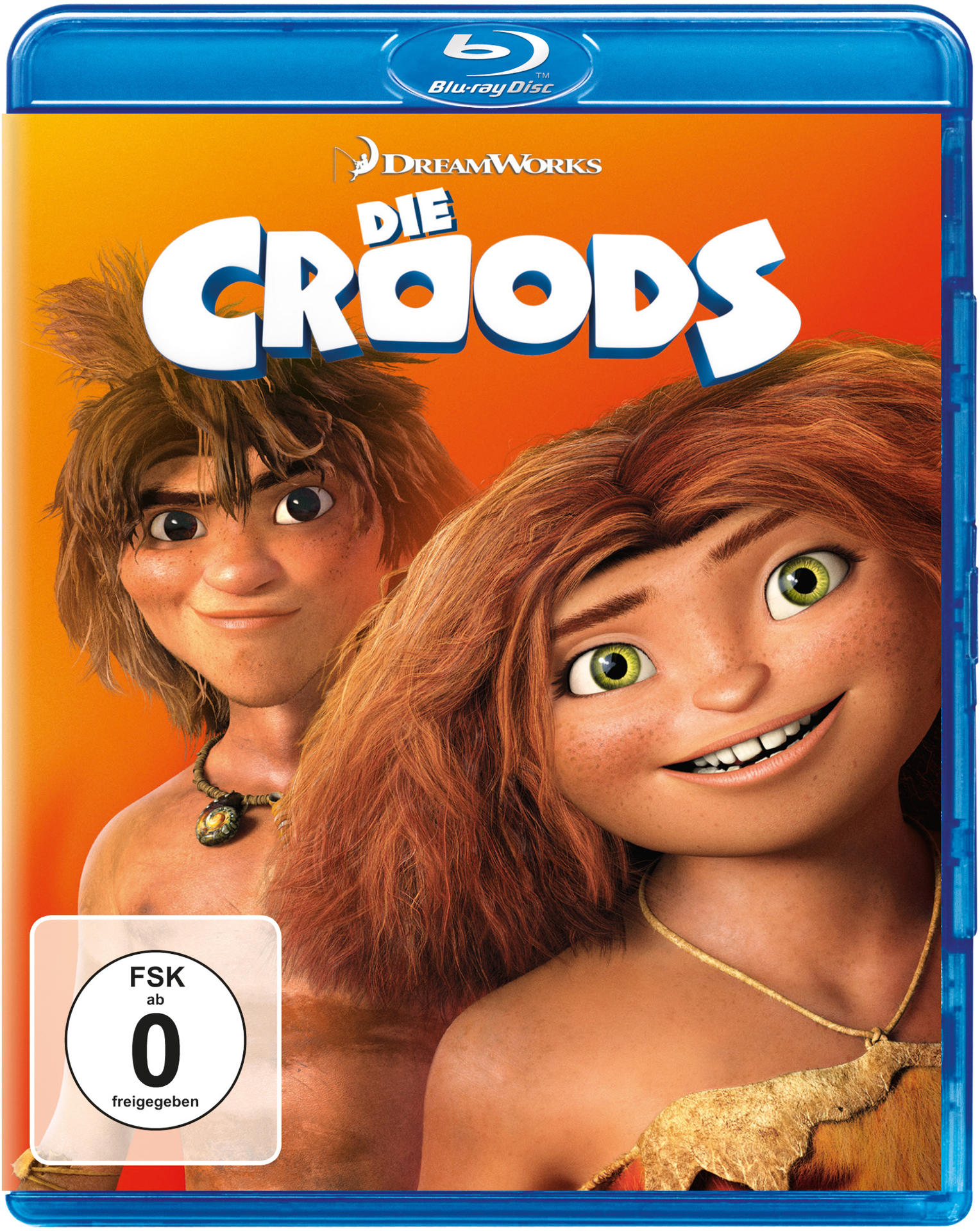 The Croods DVD-Cover. Zwei Cartoon-Charaktere nah, einer mit langen roten Haaren.