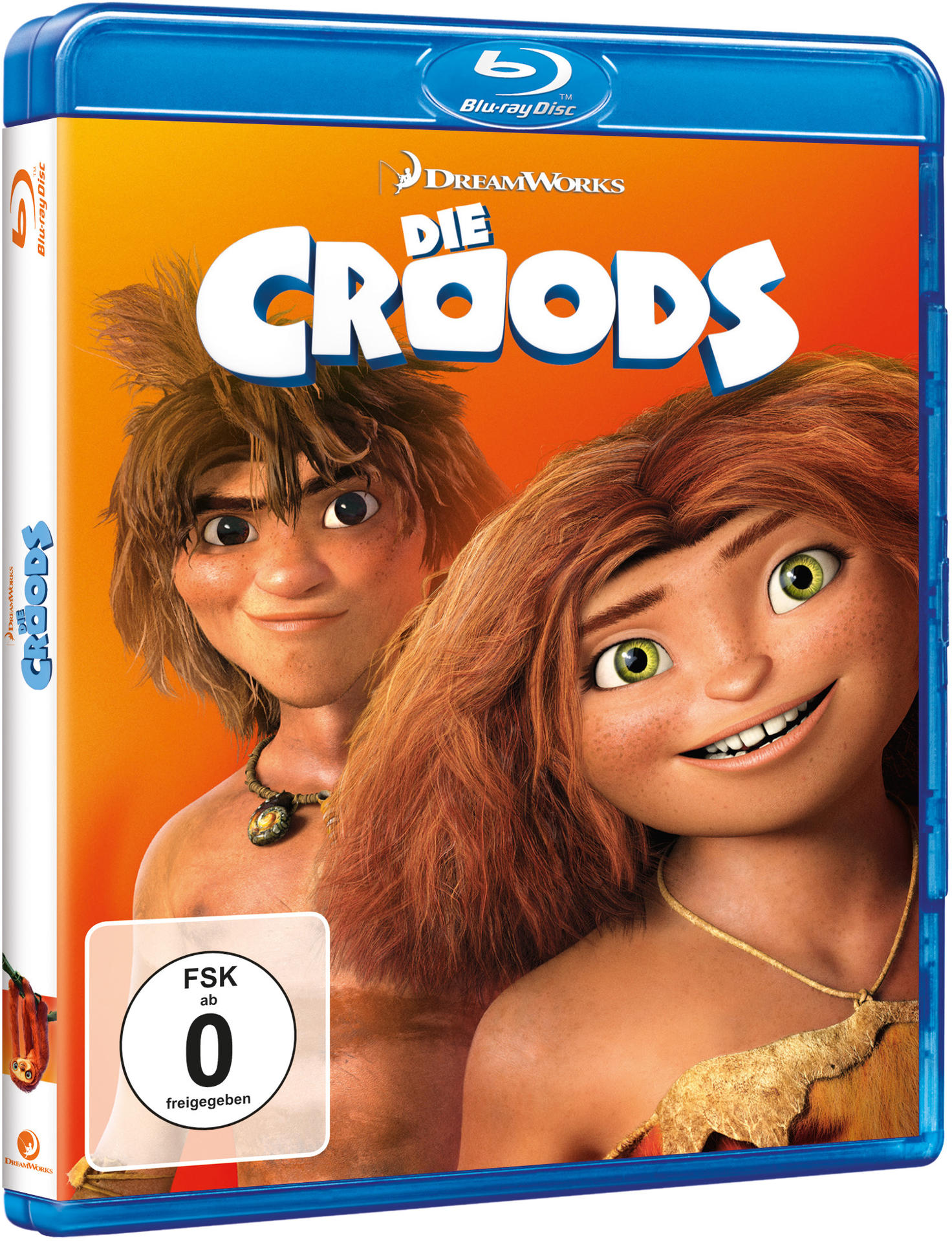 Blu-ray-Hülle von 'The Croods' mit Zeichentrickfiguren auf buntem Hintergrund.