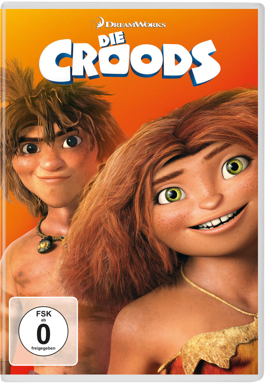 DVD-Cover von 'Die Croods' mit zwei animierten Charakteren. Oranger Hintergrund. Deutscher Text.