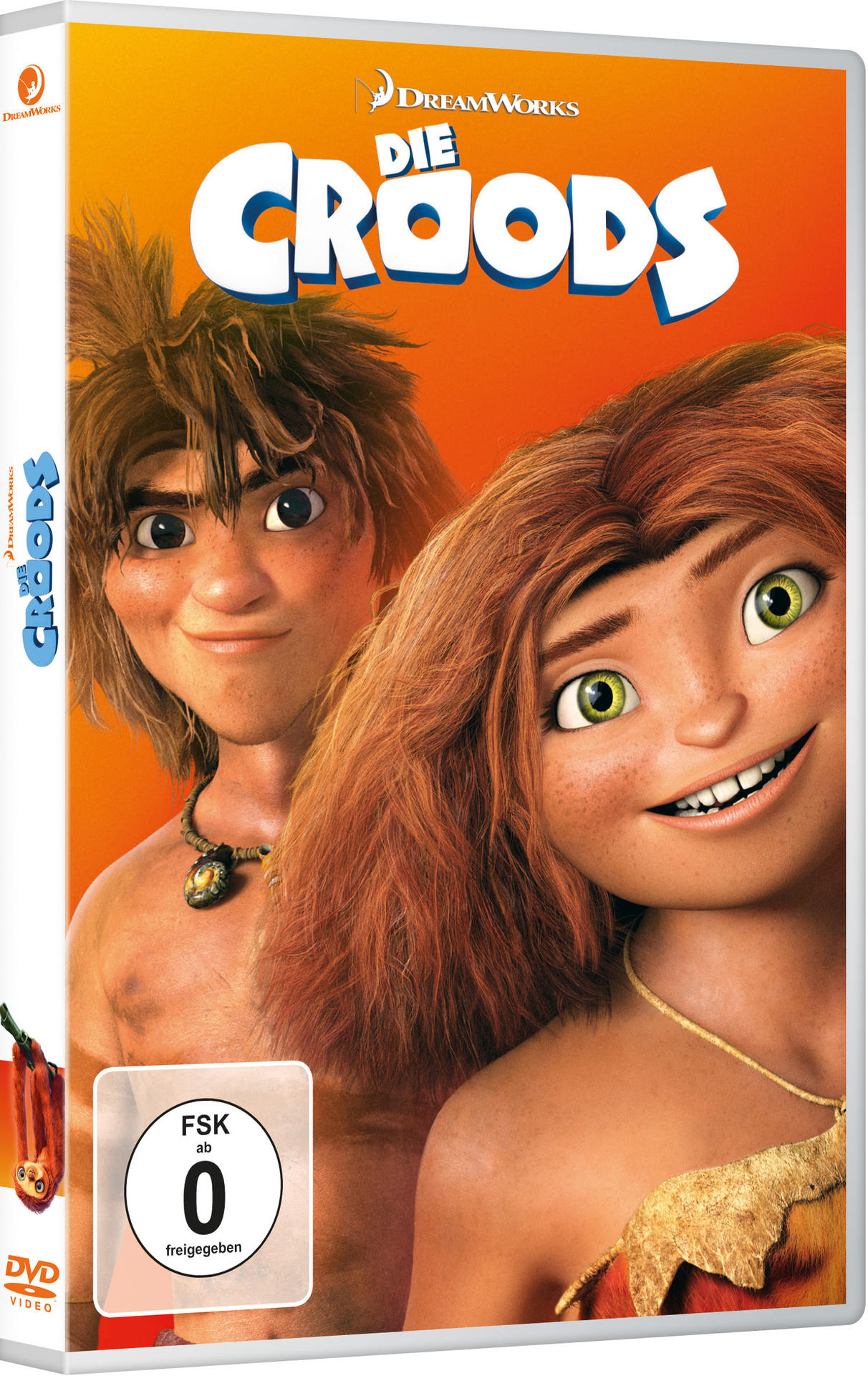 DVD-Hülle für den Animationsfilm „Die Croods“. Zeigt Zeichentrickfiguren auf gelbem Hintergrund.