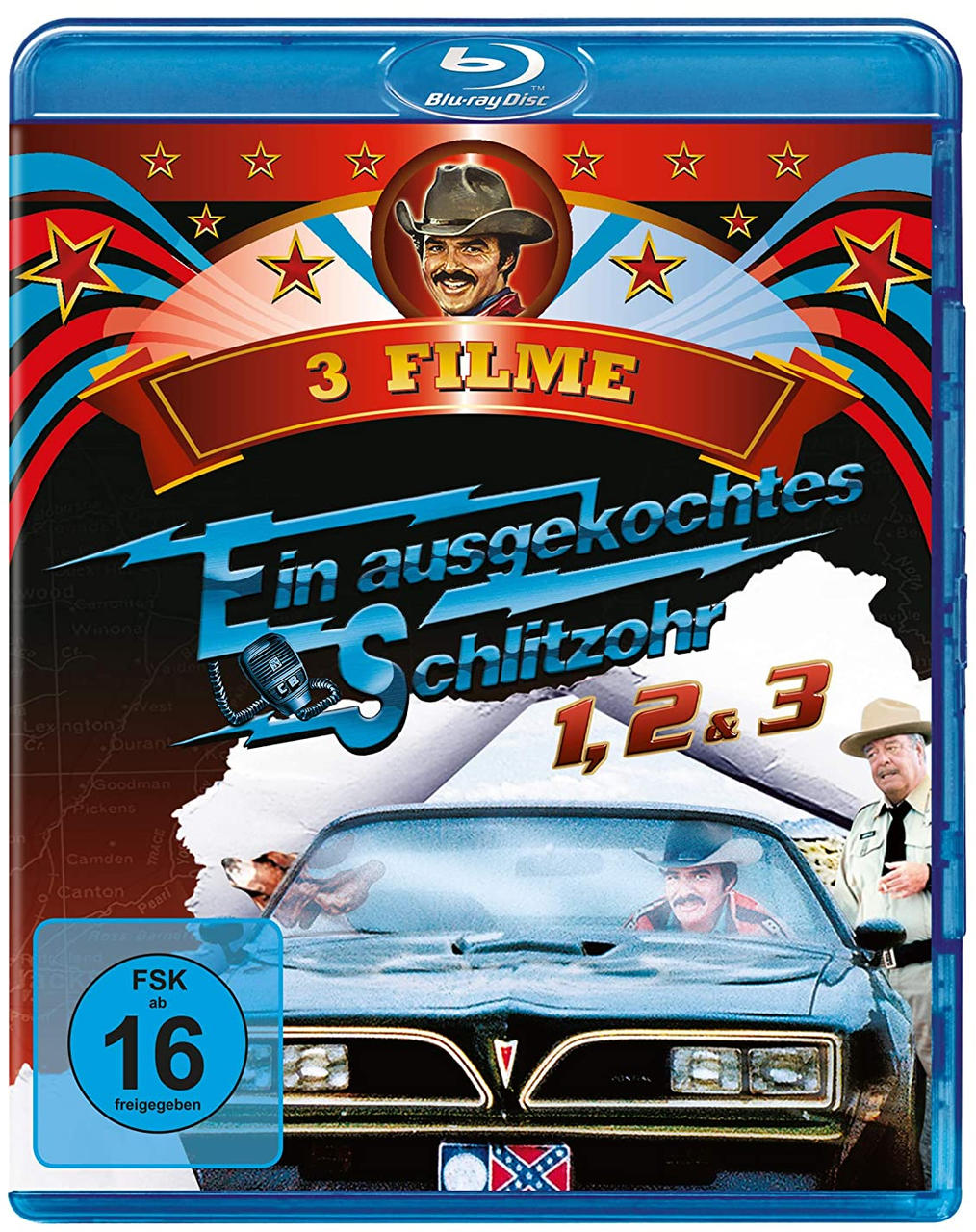 Blu-ray-Cover für einen Film mit einem Auto und Männern, mit dem Titel 'Ein ausgekochtes Schlitzohr'.