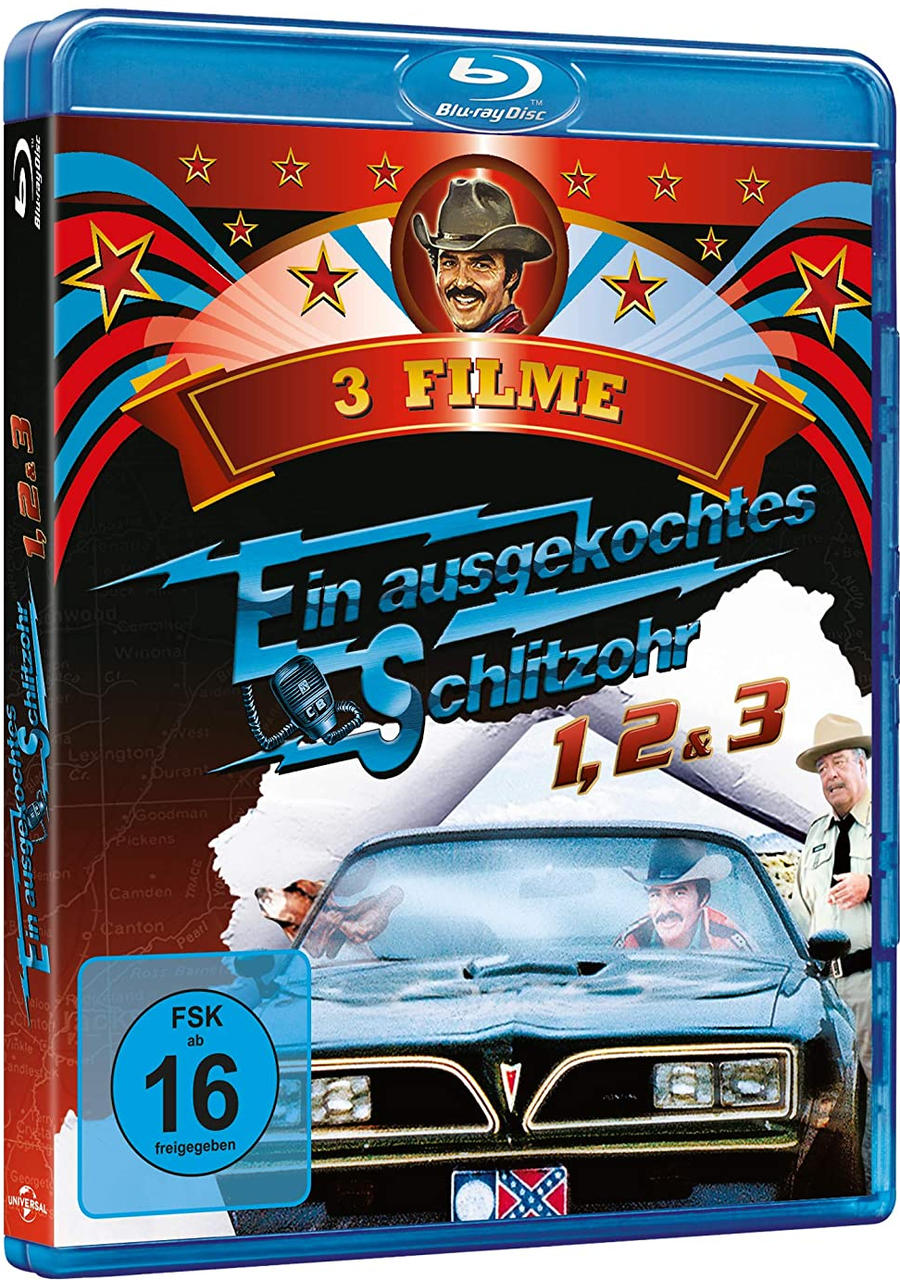 DVD-Cover. Ein Mann mit Cowboyhut und ein Auto mit Text und Sternen. Der Hintergrund ist blau.