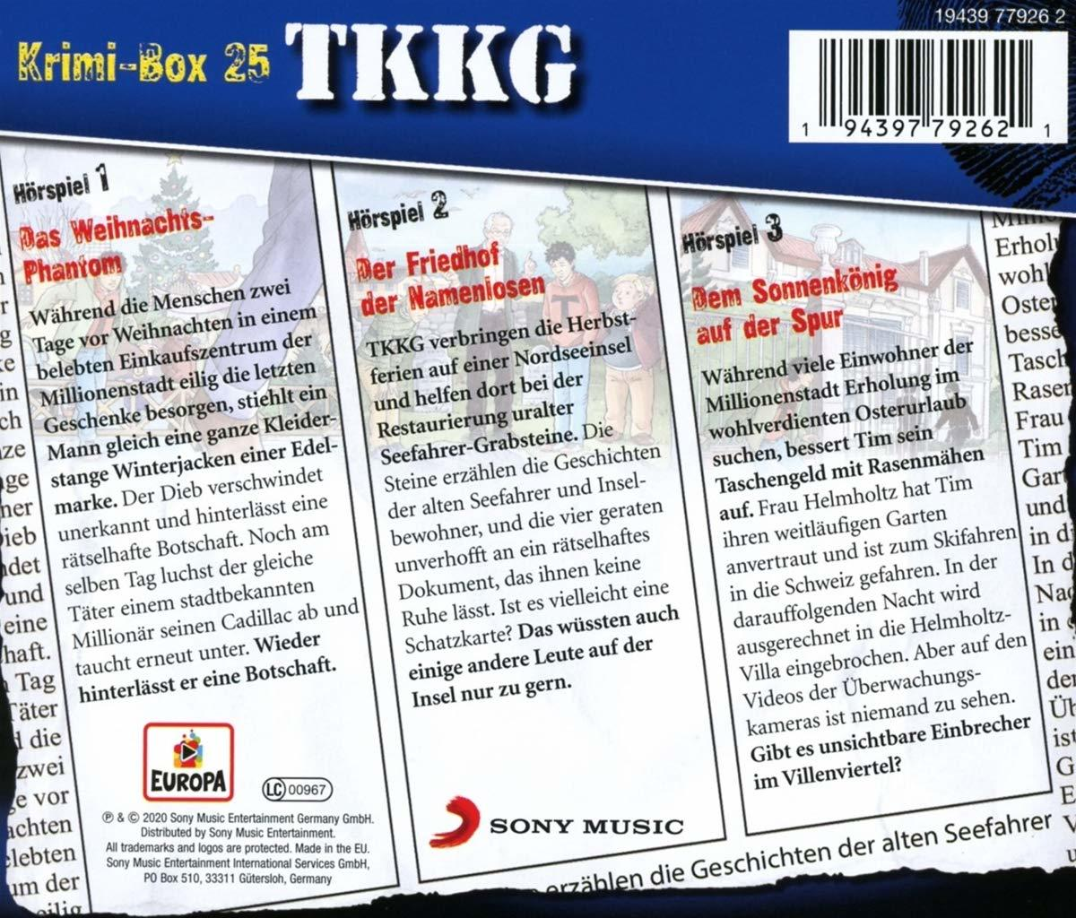 Ein TKKG-Hörspielcover mit Cartoon-Illustrationen und Text auf Deutsch.