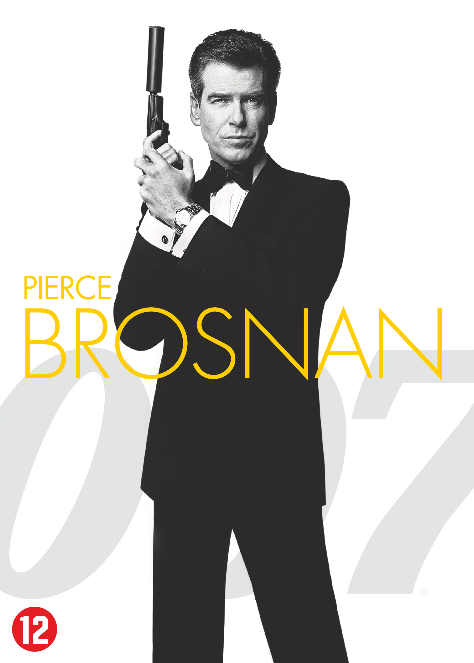 Pochette de film : Pierce Brosnan en James Bond. Costume noir, tenant une arme. Texte : Pierce Brosnan, 007, avec une classification 12.