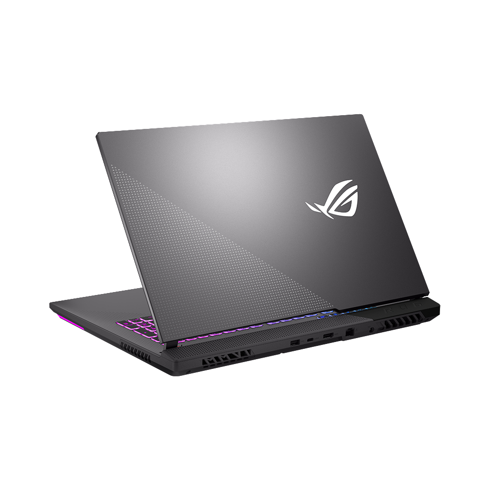 Ein Laptop mit angewinkeltem, offenem Bildschirm, die Rückseite mit Logo und Muster.