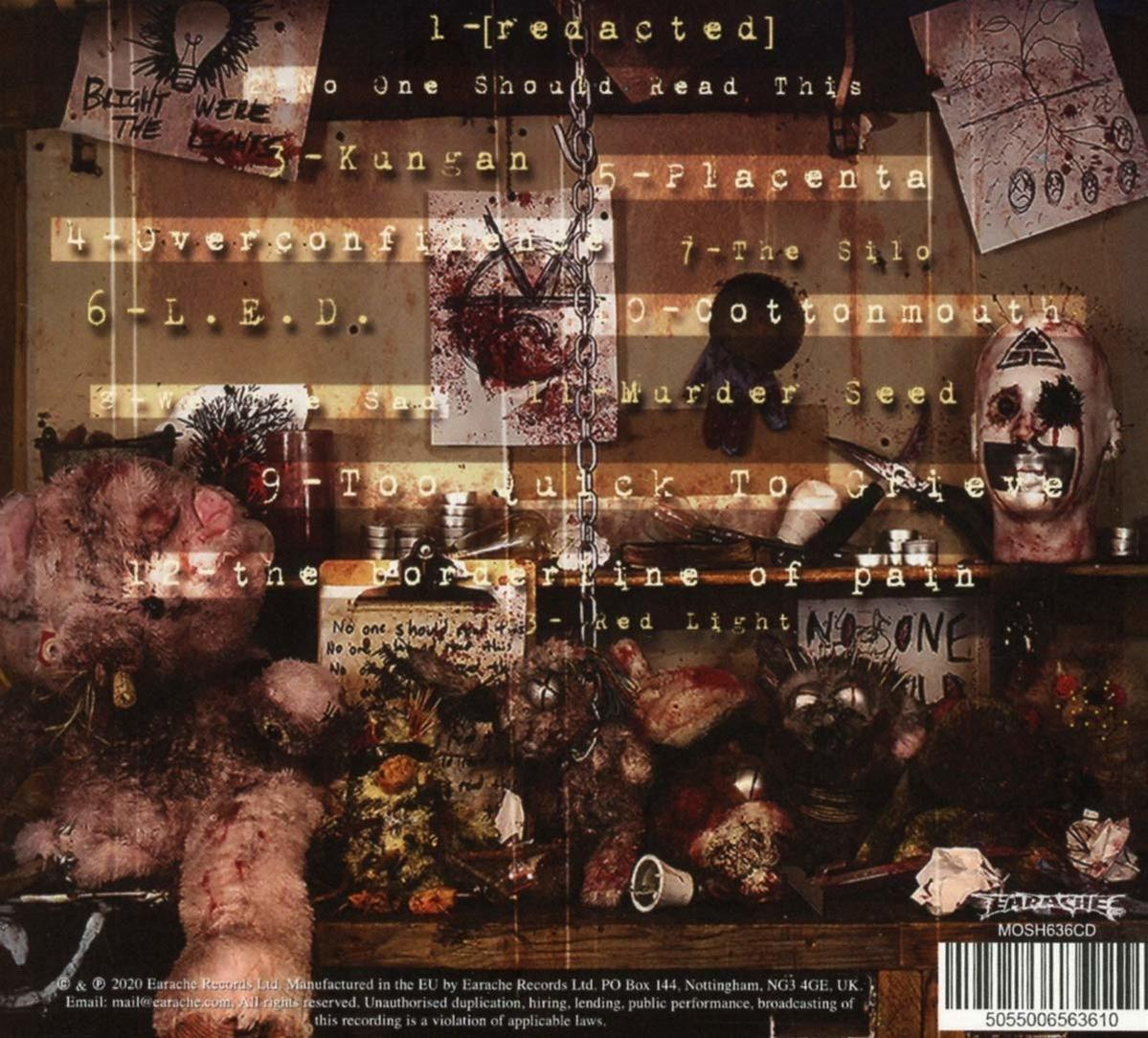 Dunkles, abstraktes CD-Cover mit verstörenden Bildern und Text.