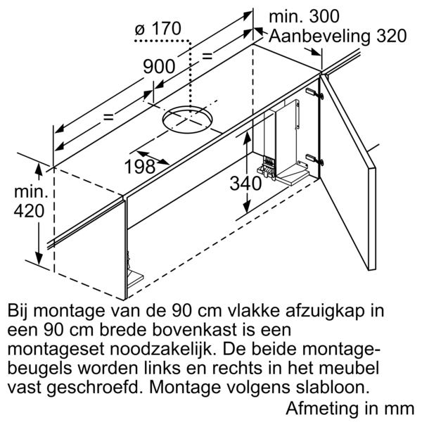 Dessin technique d'une hotte, avec dimensions et instructions (nl).