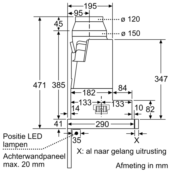 Technical drawing with dimensions of a kitchen appliance.
