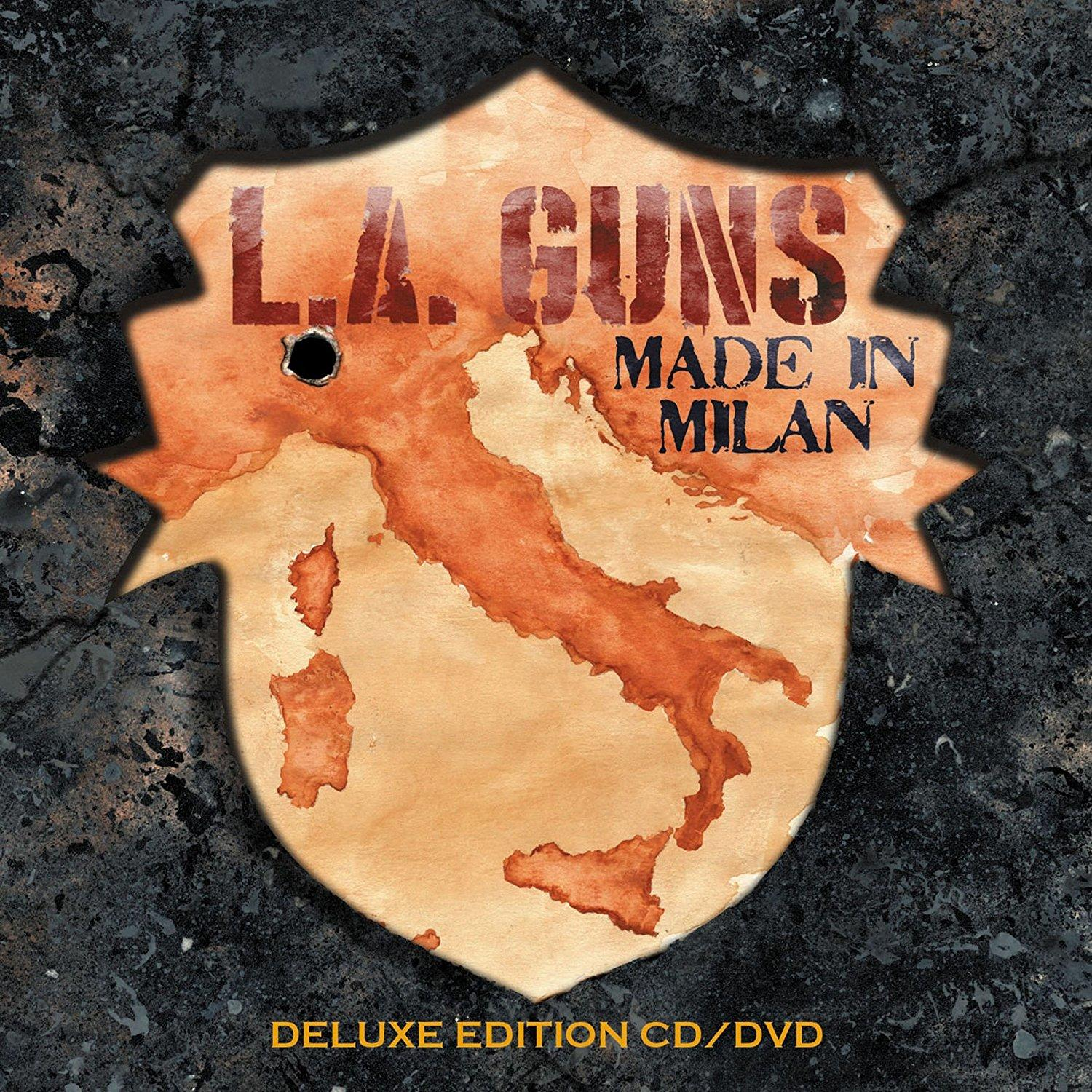 Albumcover mit Schildform. Karte von Italien in der Mitte. Text 'L.A. Guns Made In Milan'.
