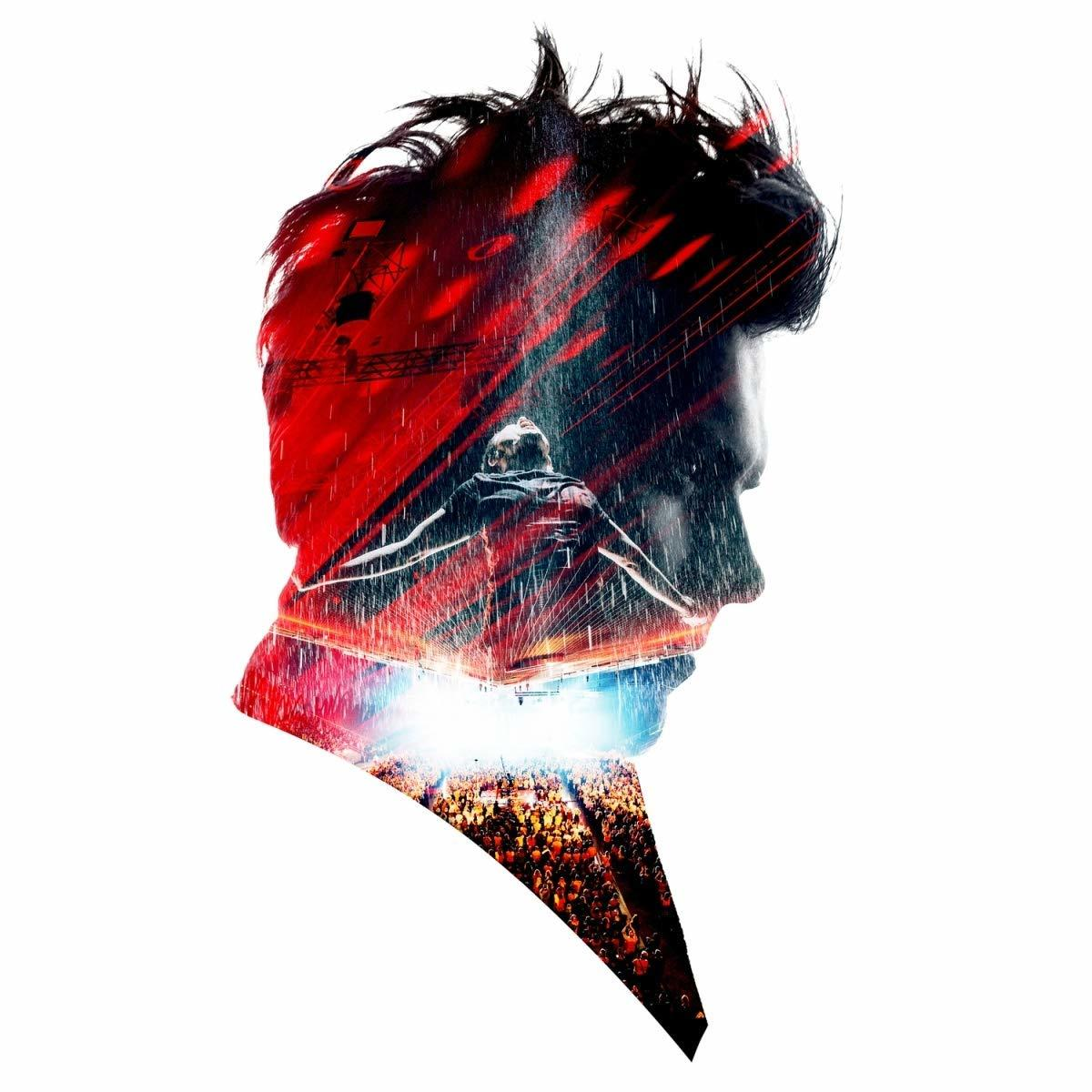 Gesicht eines Mannes mit Konzert-Overlay, rot und weiß.