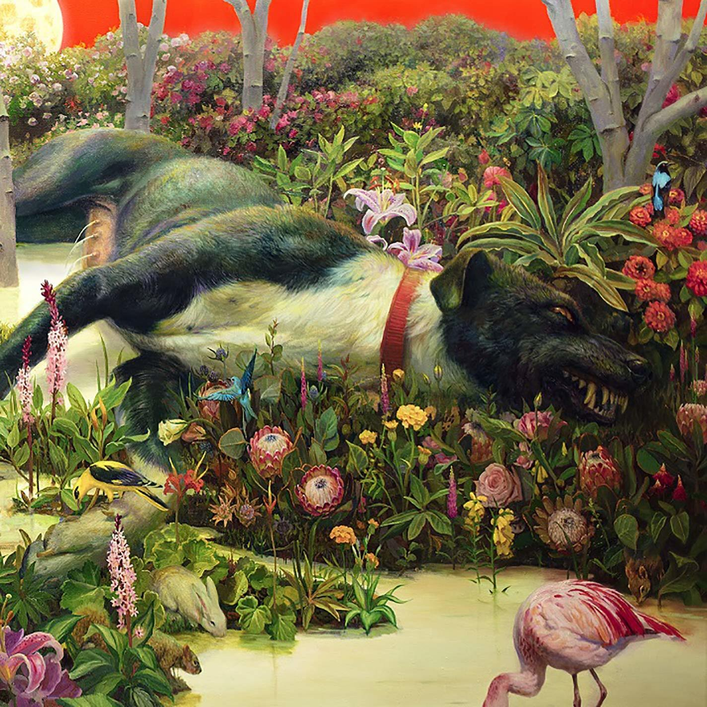 Surreale Kunst: schlafender schwarzer Hund im Blumenbeet, mit Flamingo und anderen Tieren.