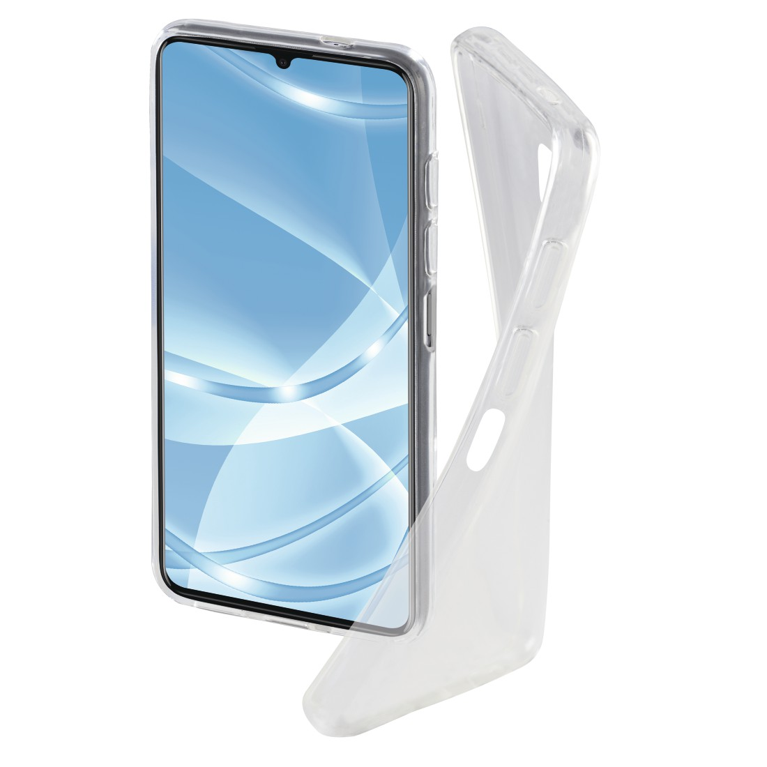 Eine transparente Handyhülle neben einem Smartphone, das den Bildschirm zeigt.