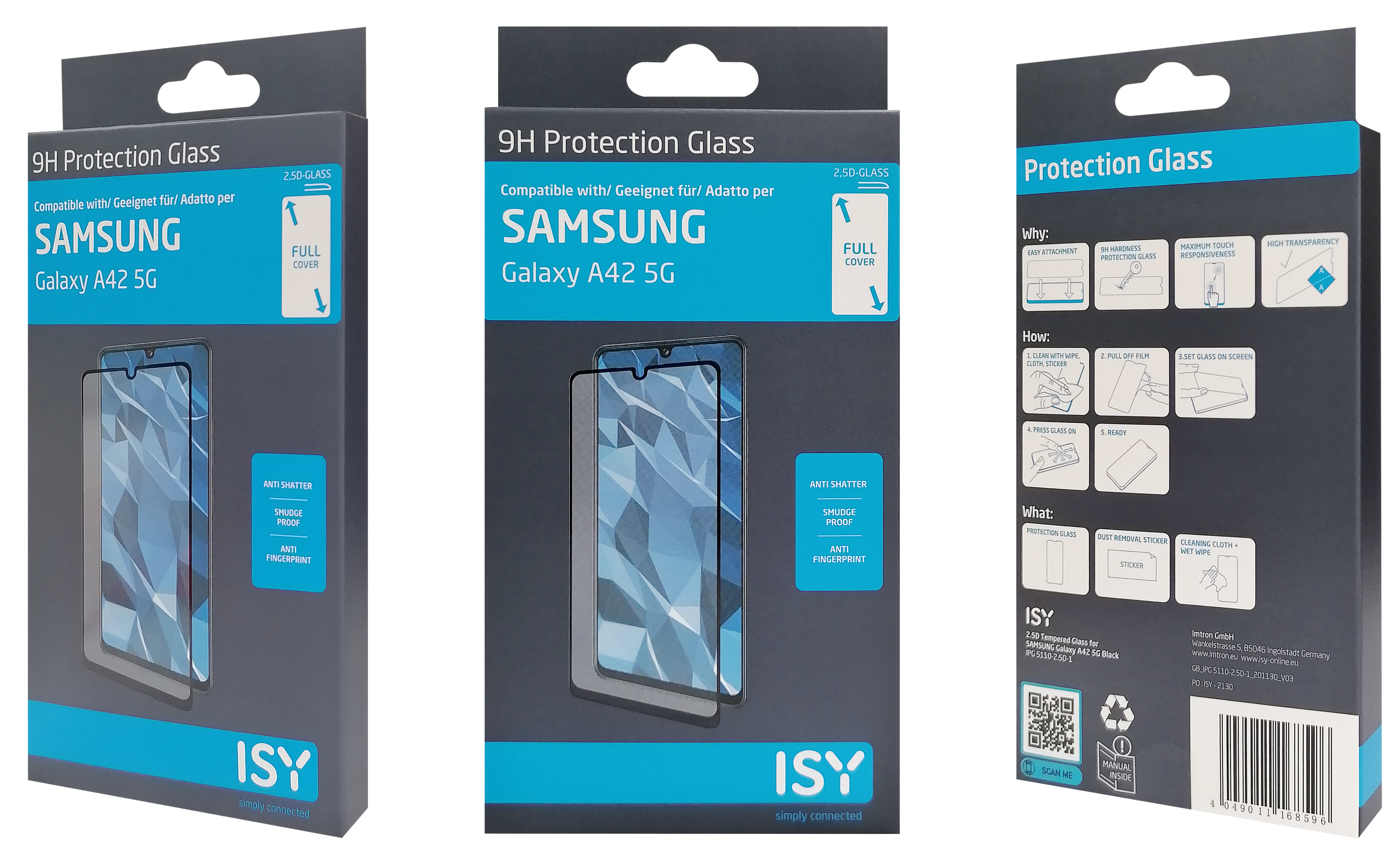 Samsung Galaxy A42 5G Displayschutzfolien-Box. Mehrere Ansichten, Text und Bilder. Weißer Hintergrund.