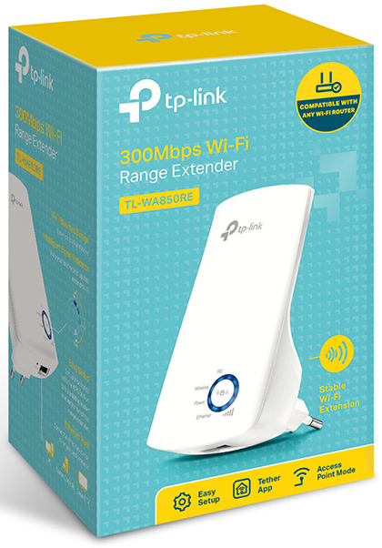 A box with a Wi-Fi range extender, showing the product and its features.