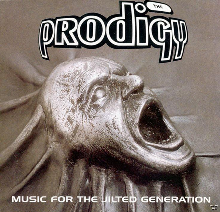 Albumhoes. Het Prodigy-logo boven een open mond. Titel: Music for the Jilted Generation.