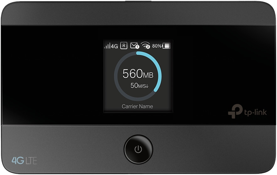 Een zwart-grijze draagbare wifi-router met een scherm met gebruiksgegevens.