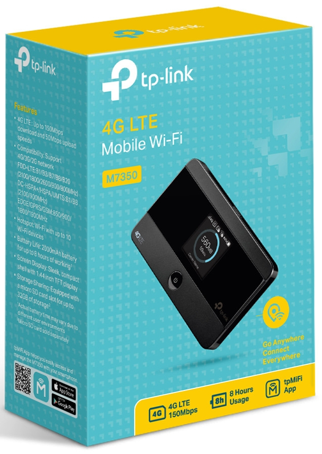 A box of a mobile Wi-Fi router. It is white and blue, with product information.
