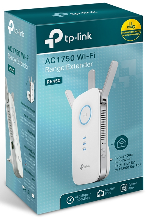 Witte en blauwe tp-link wifi range extender doos. Het toont een productafbeelding en details.