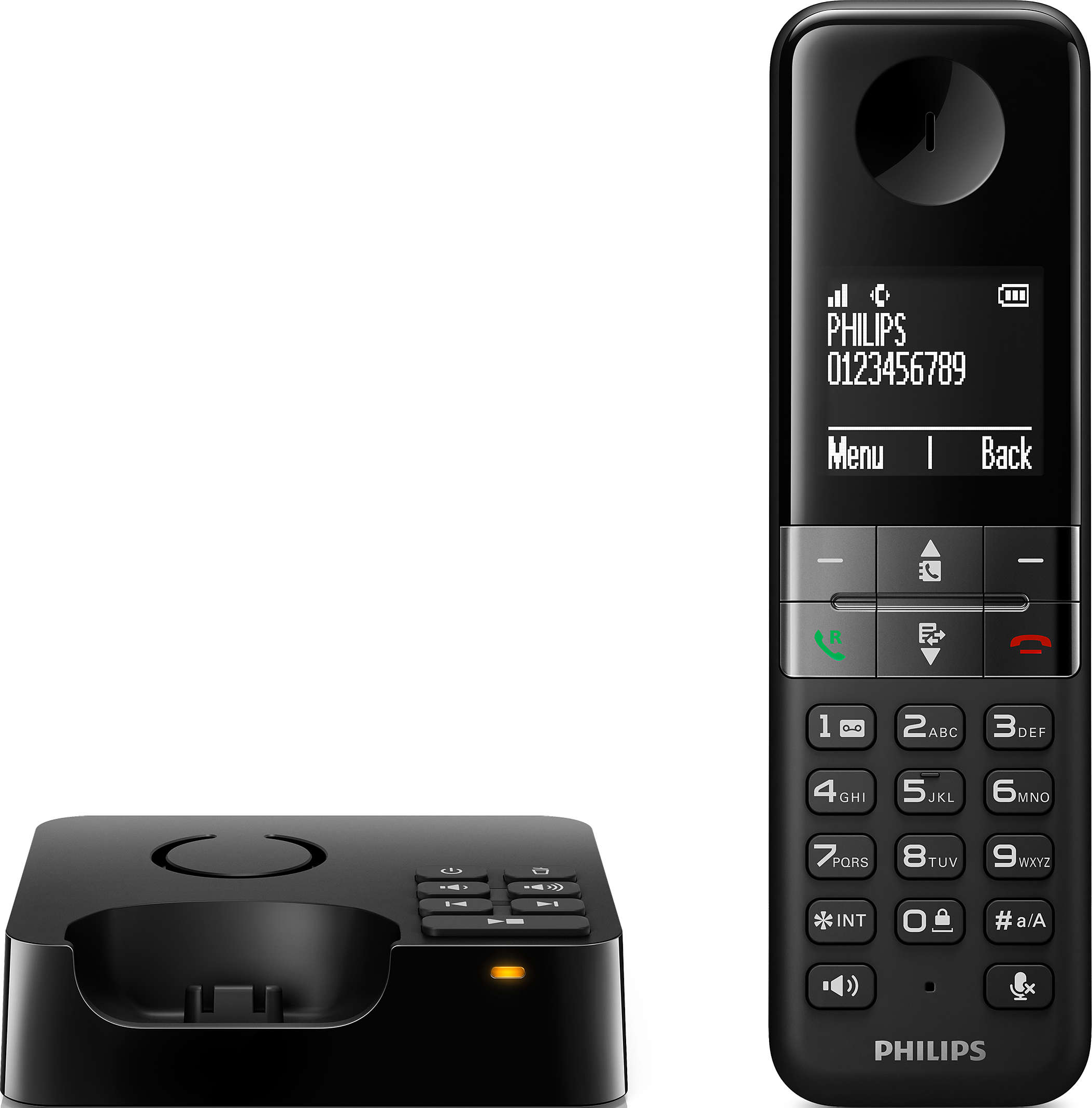 Ein schwarzes schnurloses Philips-Telefon und seine schwarze Ladestation. Der Hintergrund ist weiß.