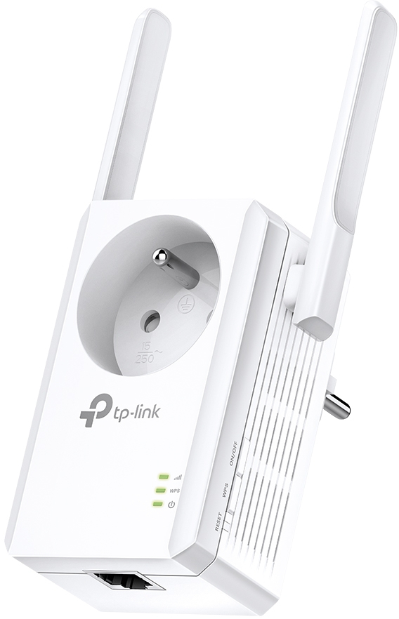 White TP-Link WiFi extender plugged into an outlet with two antennas, buttons, and lights.