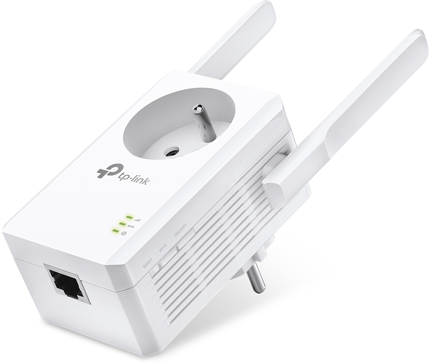White tp-link WiFi extender plugged into an outlet. Has antennas and indicator lights.