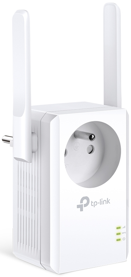 White tp-link WiFi extender plugged into an outlet. Has antennas and indicator lights.
