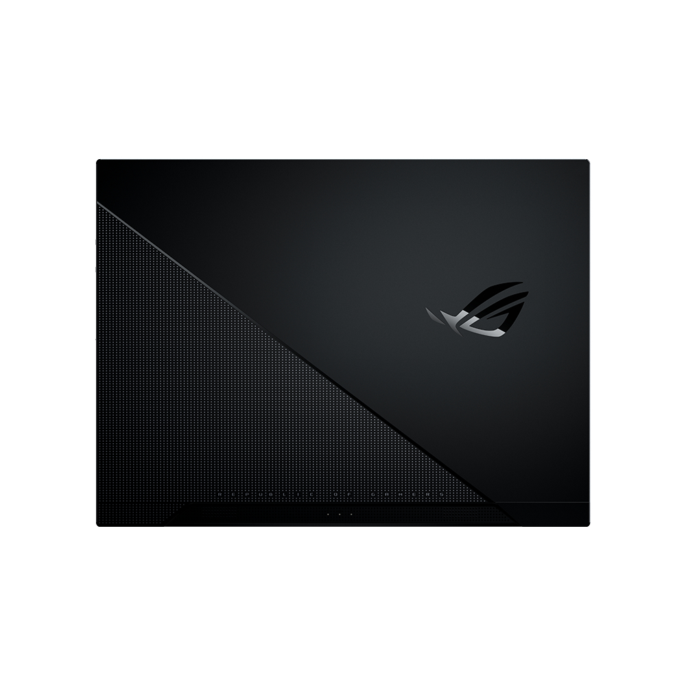 Schwarze Laptop-Rückseite mit ROG-Logo und gemustertem Design.