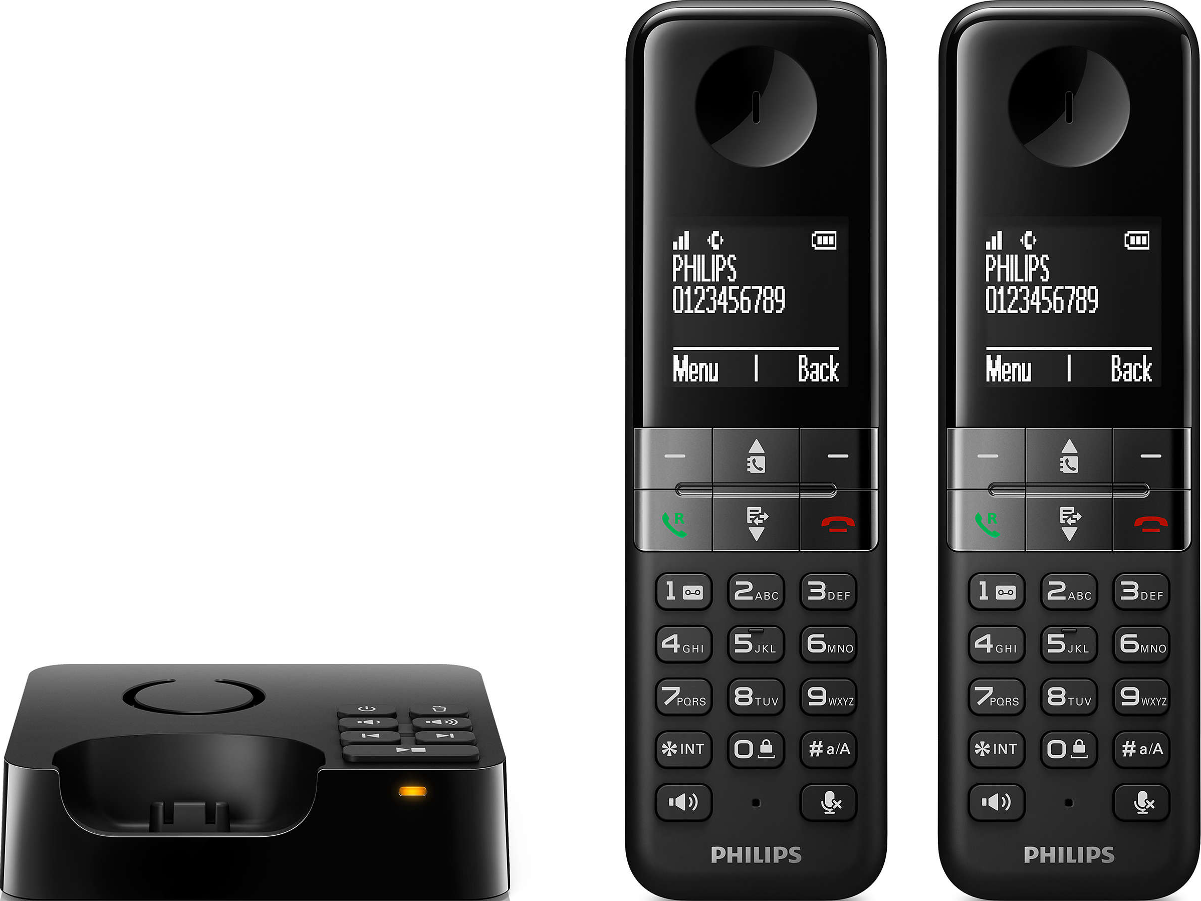 Un ensemble de téléphones sans fil noirs avec une base de chargement et un écran.