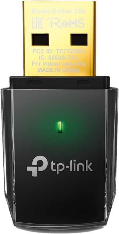 Adaptateur wifi USB noir avec connecteur doré. Voyant vert allumé.