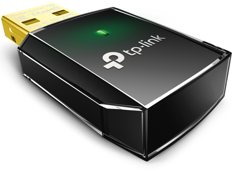 Un adaptateur WiFi TP-Link noir et or avec un voyant vert.