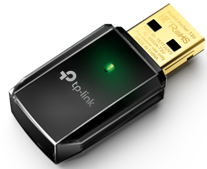 Adaptateur Wi-Fi USB TP-Link noir et transparent avec voyant vert.