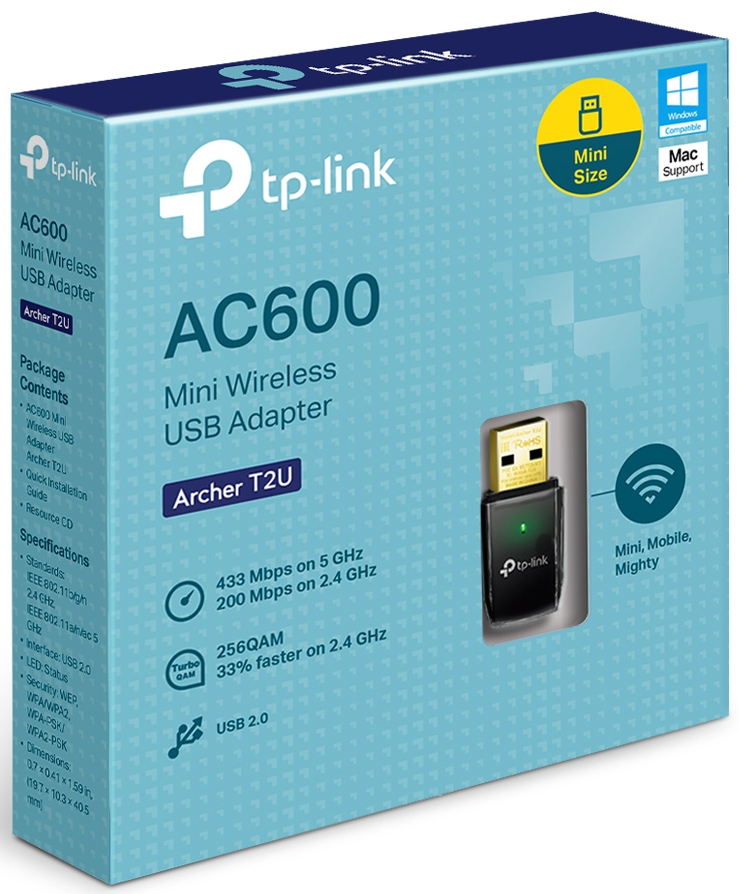 Boîte de l'adaptateur USB TP-Link AC600. Il est de taille mini. La boîte est turquoise avec des infos.