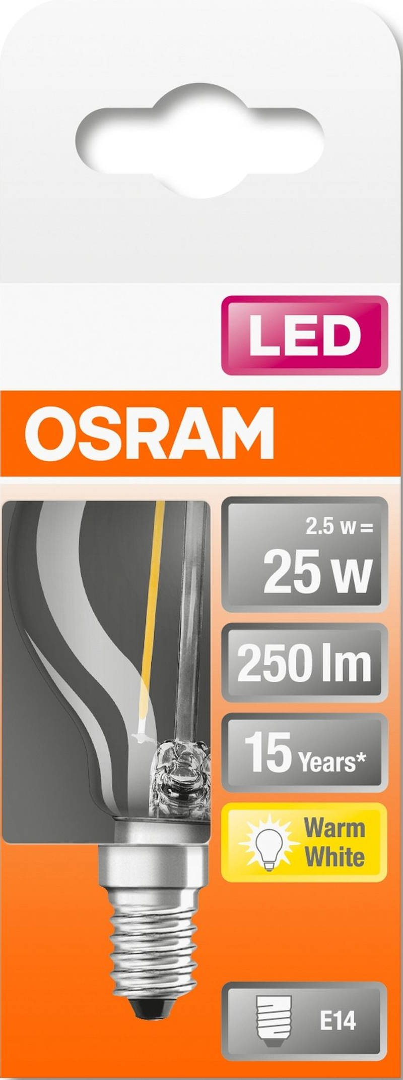 LED-Glühbirnenverpackung. Es hat eine Glühbirnenillustration und Details zur Energieeffizienz.
