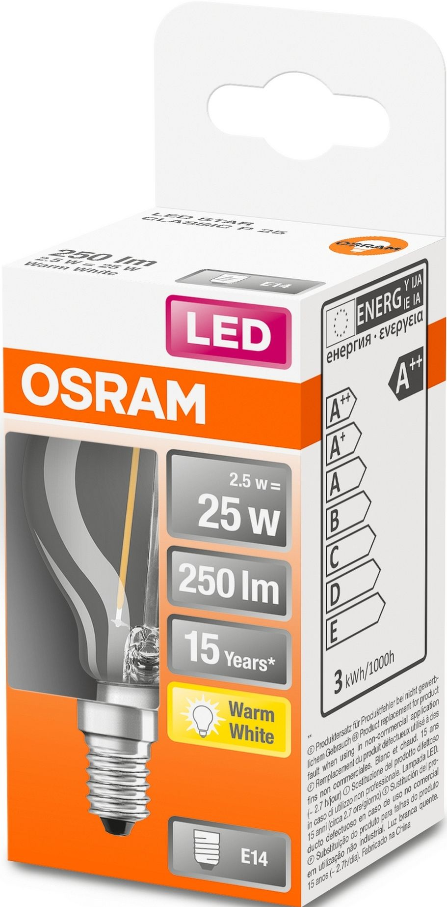 Verpackung einer OSRAM LED-Glühbirne mit Details zu Wattzahl, Lumen und Energieeffizienz.