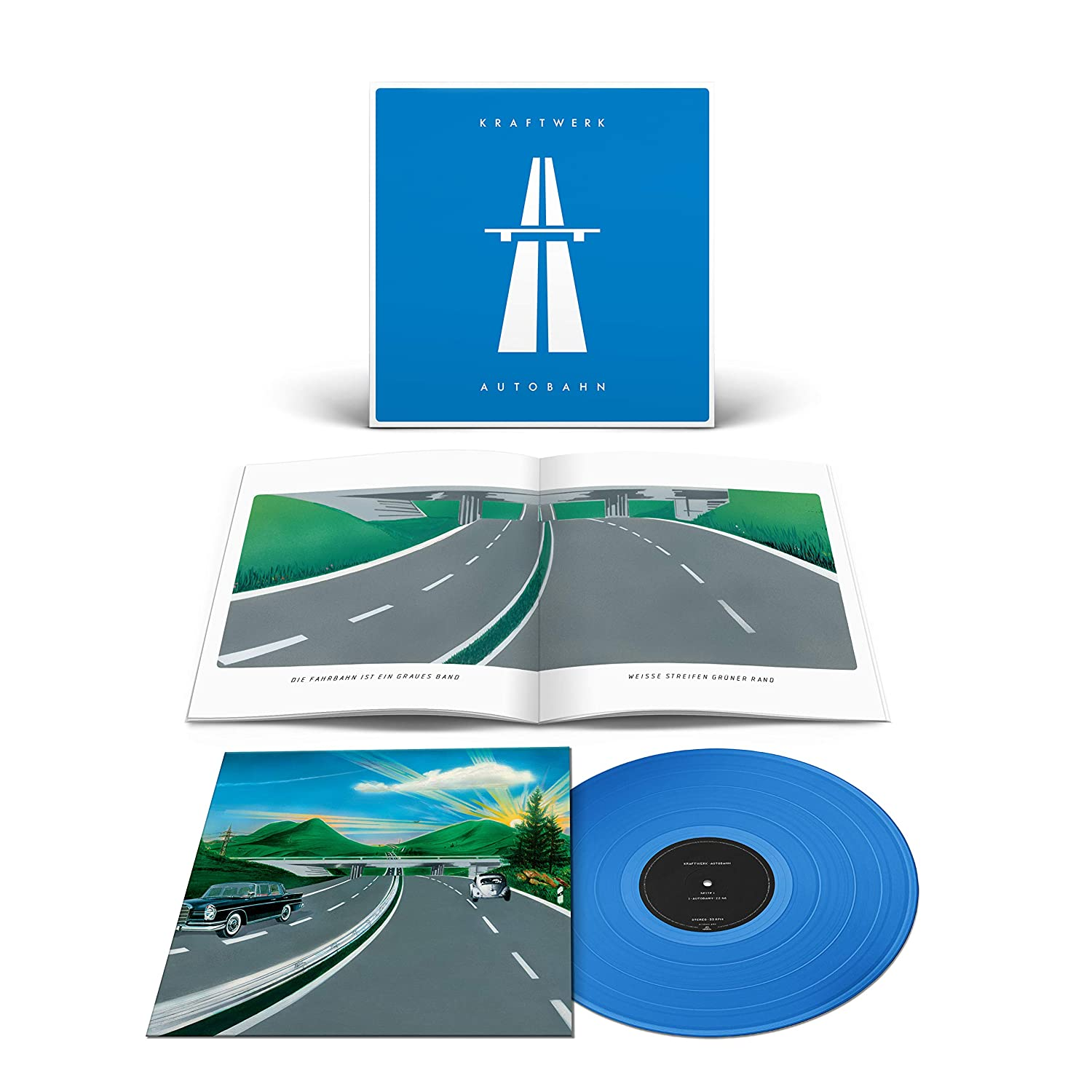 Kraftwerk album borító kék bakelit lemezzel. Tartalmaz egy autópálya grafikát és egy szám listát.