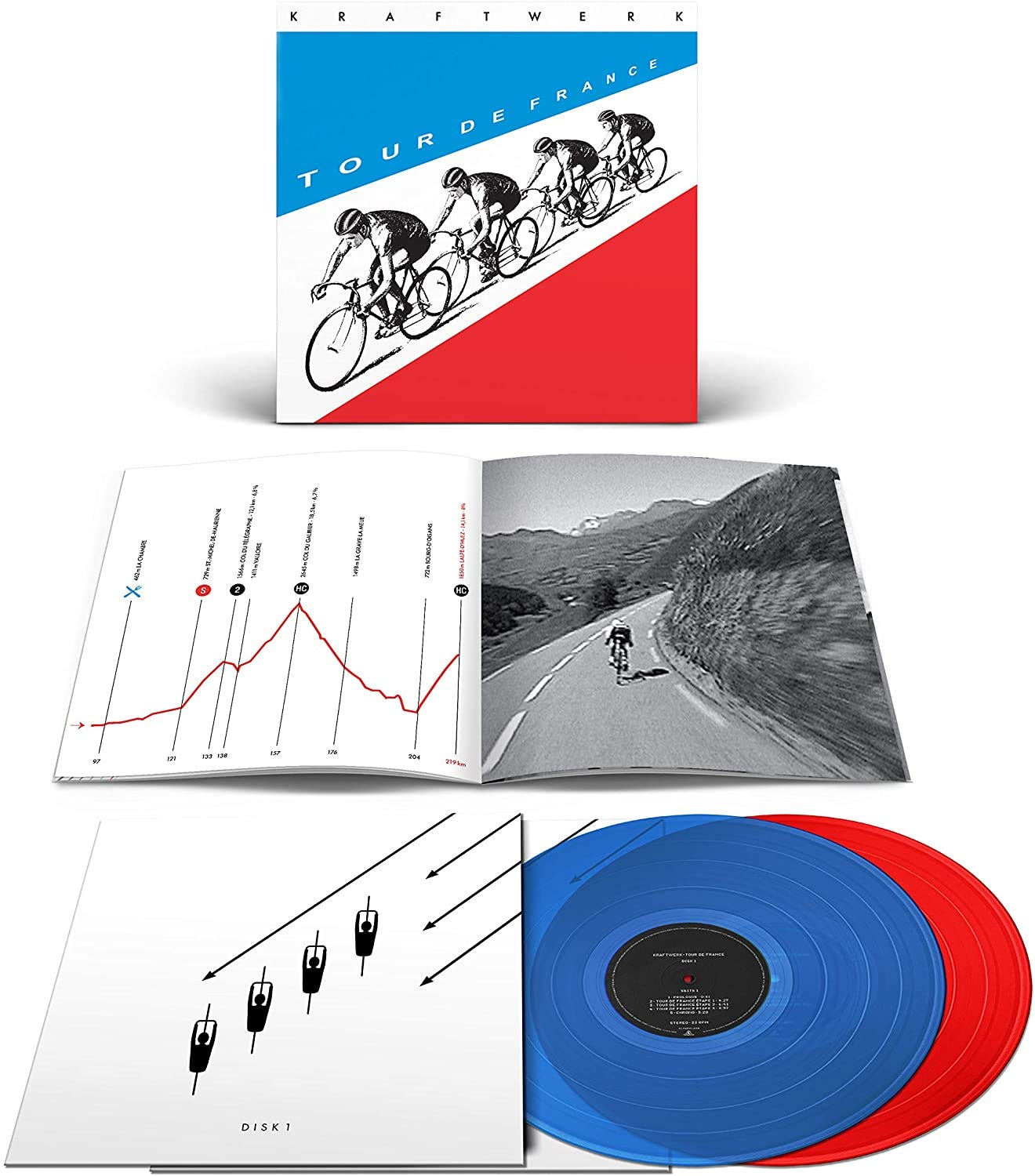 Kraftwerk Tour de France album borítója és bakelit lemezei, egy kerékpáros képpel.