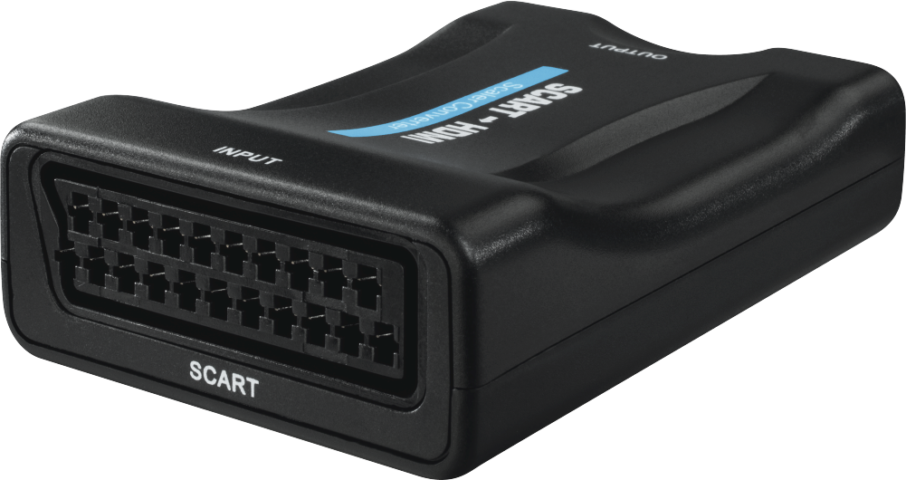Fekete SCART-HDMI adapter a videojel átalakításához.