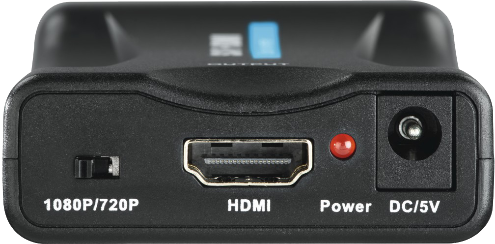 Fekete HDMI adapter, portokkal, áramjelzővel és bemenetválasztóval.