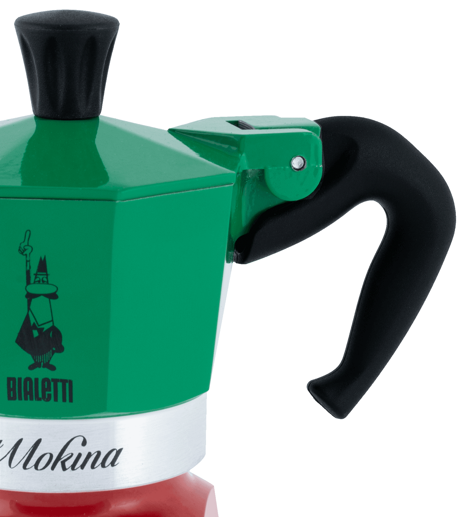 Zöld és piros Bialetti Moka kávéfőző közelről, fekete fogantyúval.