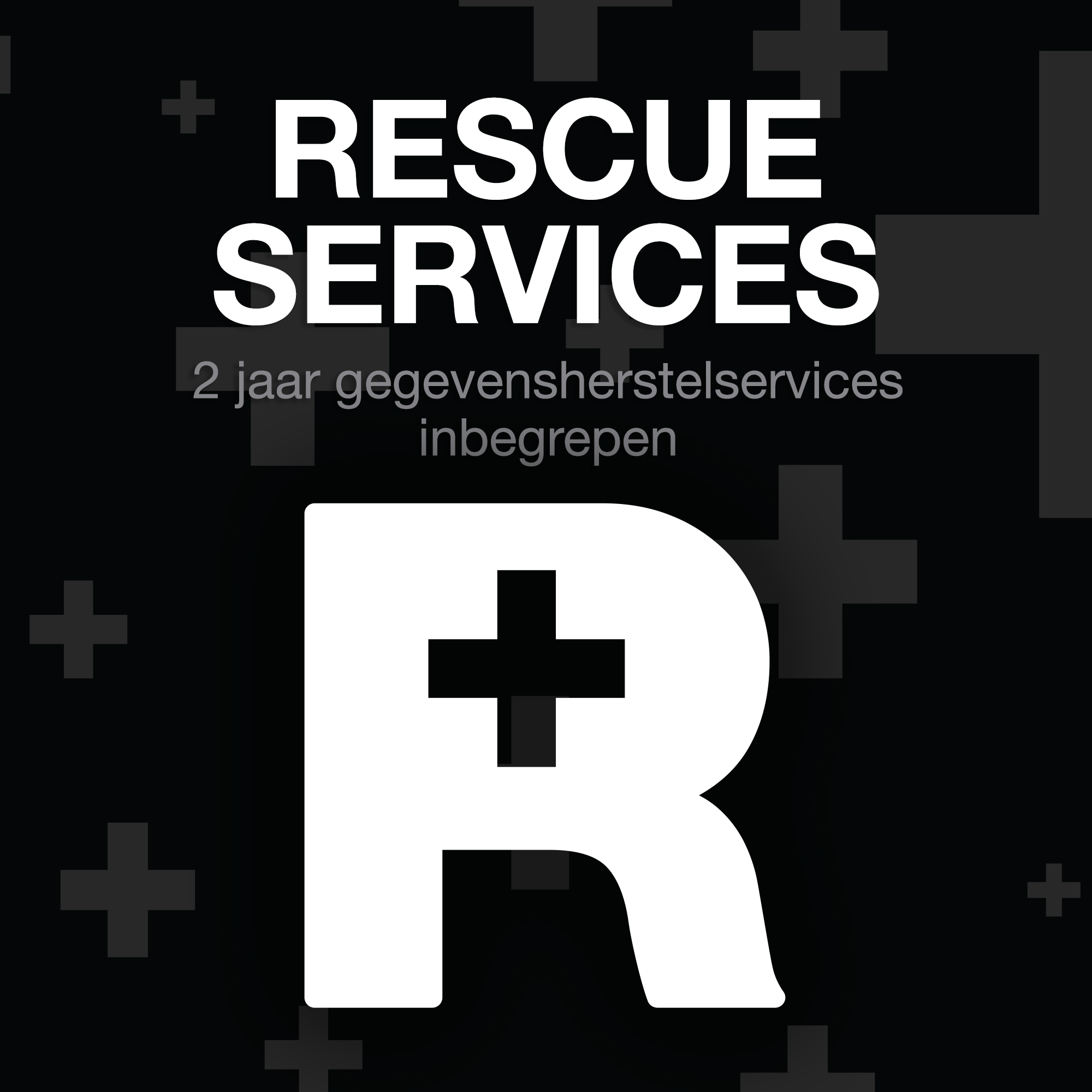 Black and white graphic. The word 'RESCUE SERVICES' is at the top and a large white 'R'.
