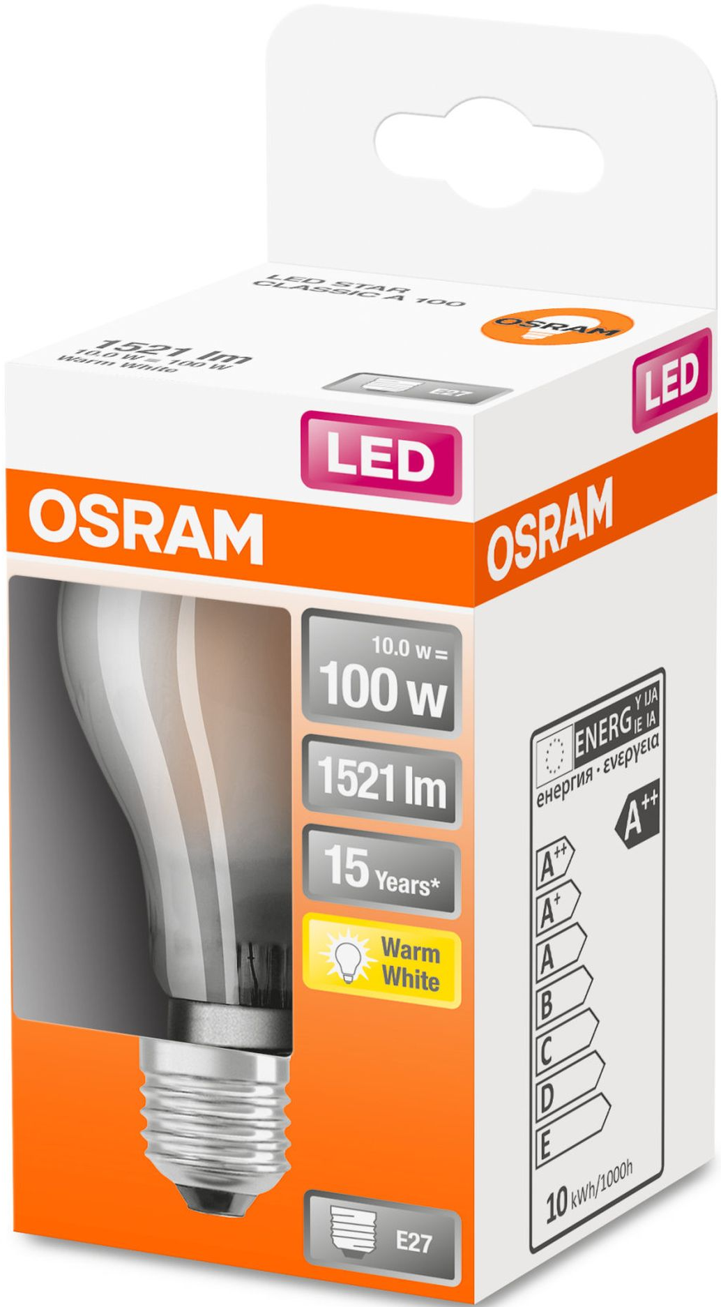 Ampoule LED Osram dans une boîte blanche. L'emballage affiche les spécifications et la classification énergétique.