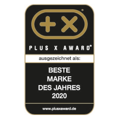 Schwarz-goldene Auszeichnung. Text lautet: PLUS X AWARD. Beste Marke des Jahres 2020.